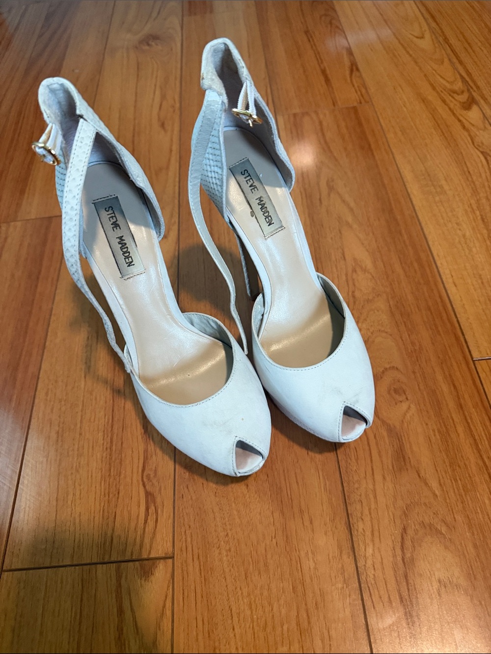 Steve Madden White Peep-Toe Ankle-Strap Heels with Gold Buckle